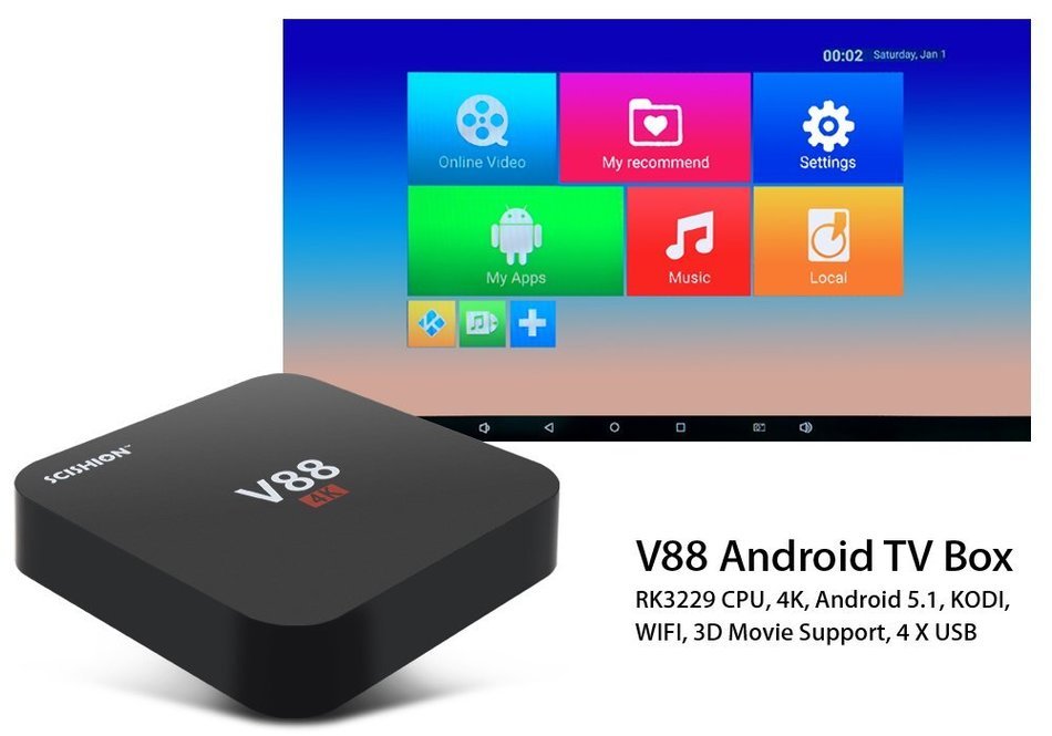 SCISHION V88 Android TV Box - RK3229 CPU, 4K, Android 5.1, KODI, WIFI, 3D Movie Support, 4 X USB, SD Card Slot N5