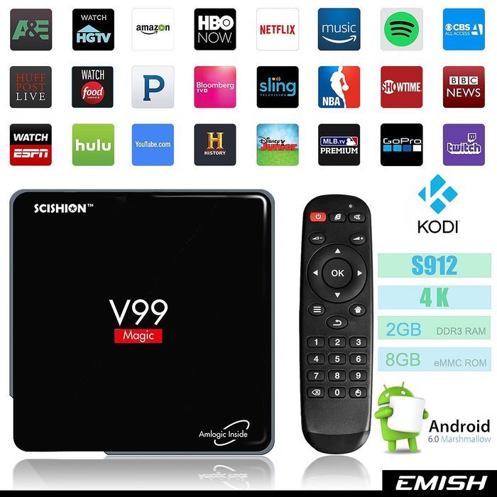 2017 Latest Android 6.0 Tv Box with KODI/XBMC, 4Kx2K UHD 2160P Amlogic S912 Octa Core 64 Bits, Built in Wifi,...