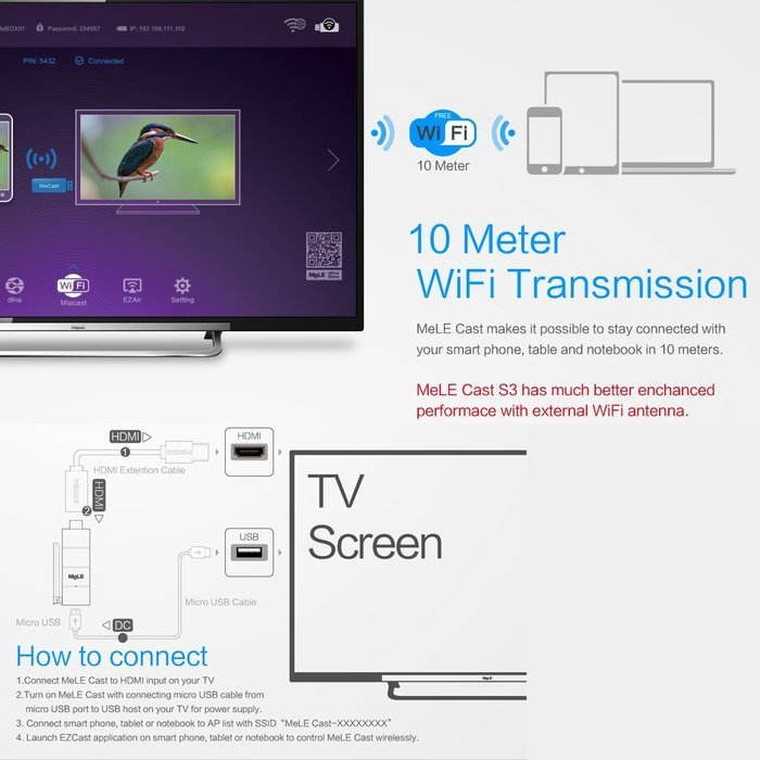 New MeLE Cast S3 DLNA Dongle HDMI Android Streaming Media Player For iOS Android Windows Mac N5