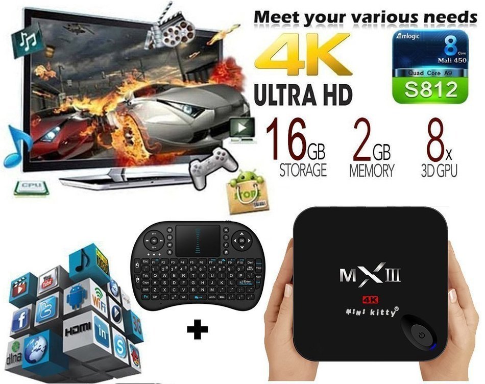 (I8 Wireless Keyboard)MXIII Streaming Media Player Smart TV 4K2K Full HD Android Smart TV Box Amlogic S812 2.0Ghz...