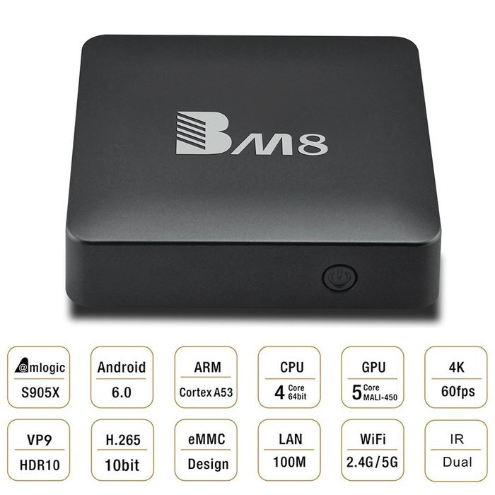 Docooler BM8 Smart Android TV Box Amlogic S905X 2GB / 32GB Android 6.0 Quad Core 64bit KODI17.0 XBMC VP9 UHD 4K2K60fps... N2