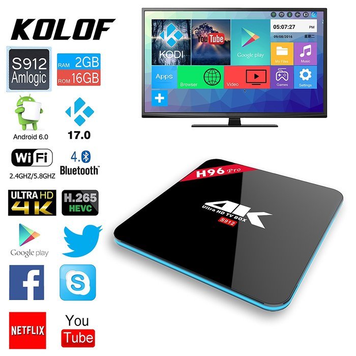 KOLOF H96 PRO Smart TV Box Android 6.0 Amlogic S912 Octa Core KODI 17.0 2G 16G Streaming Media Player