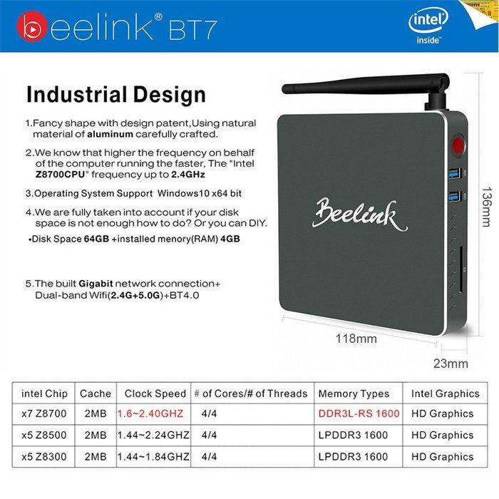 Docooler&reg; Beelink BT7 Windows 10 Smart TV Box Intel Atom x7-Z8700 64 Bits 4GB / 64GB Mini PC KODI 2.4G / 5G Wi-Fi... N4