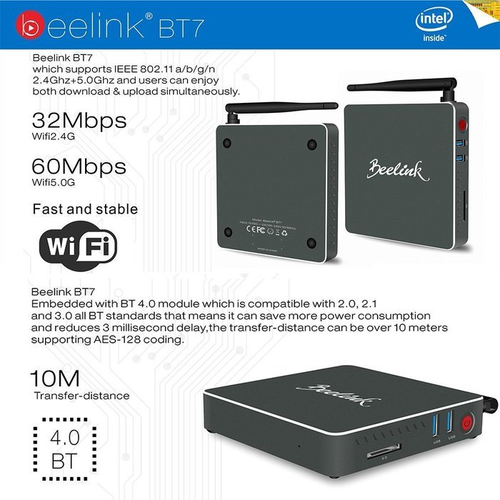 Docooler&reg; Beelink BT7 Windows 10 Smart TV Box Intel Atom x7-Z8700 64 Bits 4GB / 64GB Mini PC KODI 2.4G / 5G Wi-Fi... N8