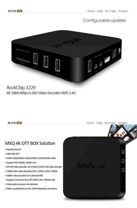 TV Box MXQ-4K Android 4.4 Quad Core RK3229 1G 8G Kodi 15.2 Fully Loaded Support 4K H.265 Video Decoder LAN Miracast... N3