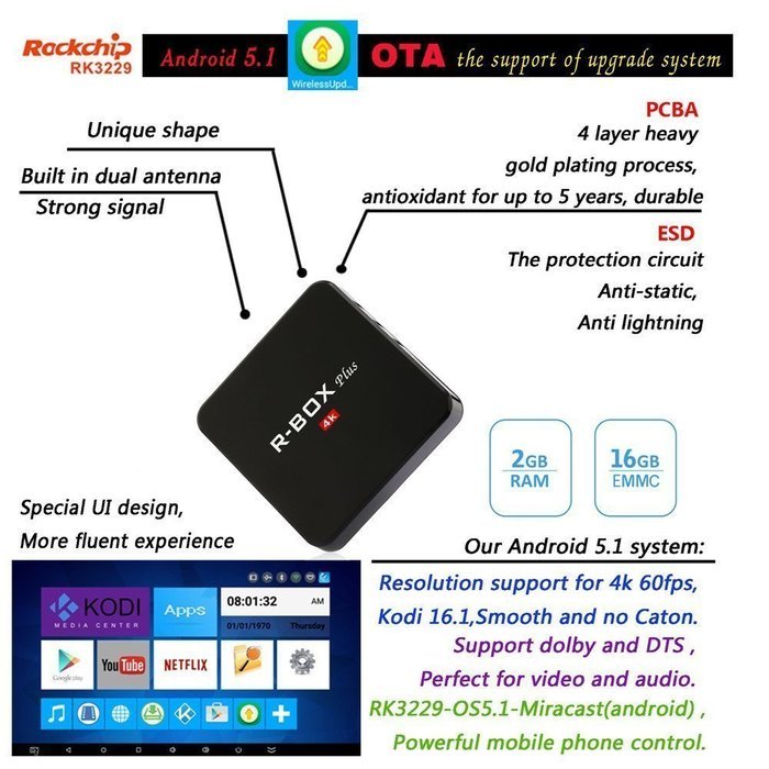 HONGYU R-BOX Android 5.1 Tv Box Quad Core RK3229 Chipset 2G/8G Kodi 16.1 Fully Loaded XBMC Bluetooth 4.0 WiFi... N15