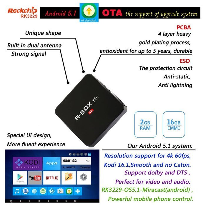 Vipwind R-BOX Plus Smart Android TV Box RK3229 Quad-Core KODI 16.1 4K 10-bit 2GB /16GB Wifi BT 4.0 H.265 DLNA... N8