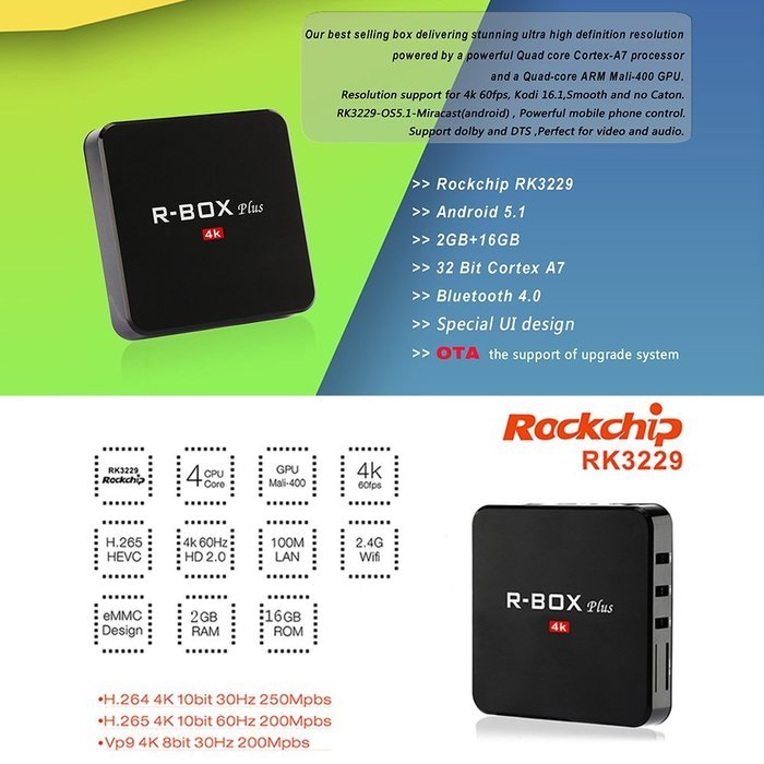 Vipwind R-BOX Plus Smart Android TV Box RK3229 Quad-Core KODI 16.1 4K 10-bit 2GB /16GB Wifi BT 4.0 H.265 DLNA... N9
