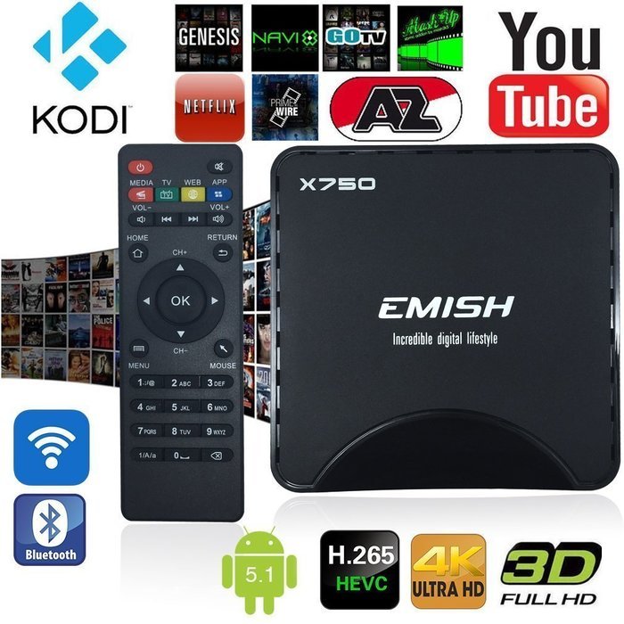 Smart TV Box by EMISH, Android 5.1 Amlogic S905, 4K UHD, Quad Core CPU 64 BIT A53, Flash 8GB with KODI, Wifi and...