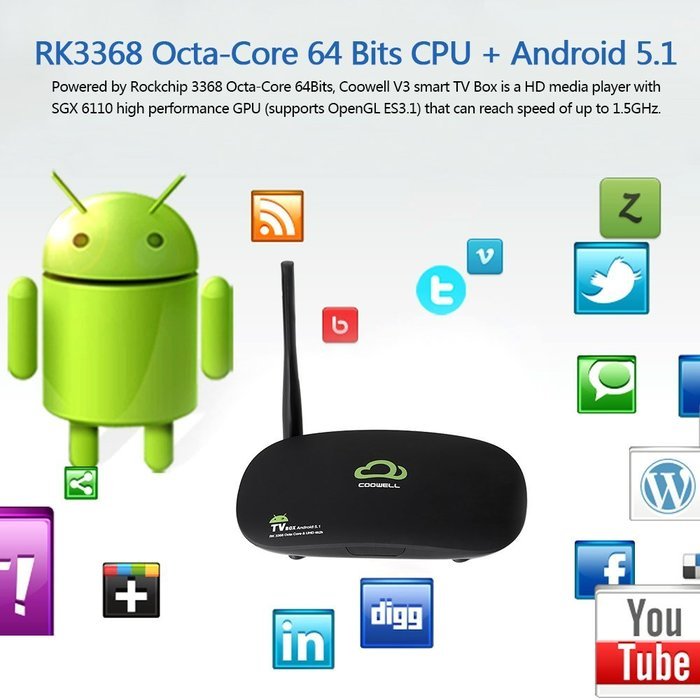 Docooler COOWELL V3 Mini 4K Android 5.1 TV Box RK3368 Octa-Core 64 Bits KODI 16.1 UHD 4K 2G / 16G Mini PC Wi-Fi... N5