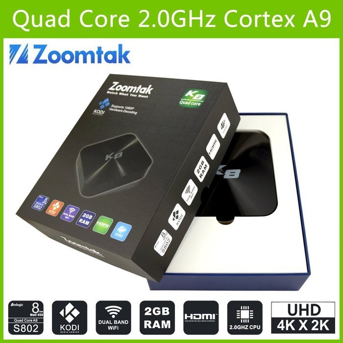 Zoomtak K8 Android TV Box media streamer QuadCore Kodi/XBMC 16.0 FULLY LOADED Dual Wifi, HDMI, netflix, rooted... N2