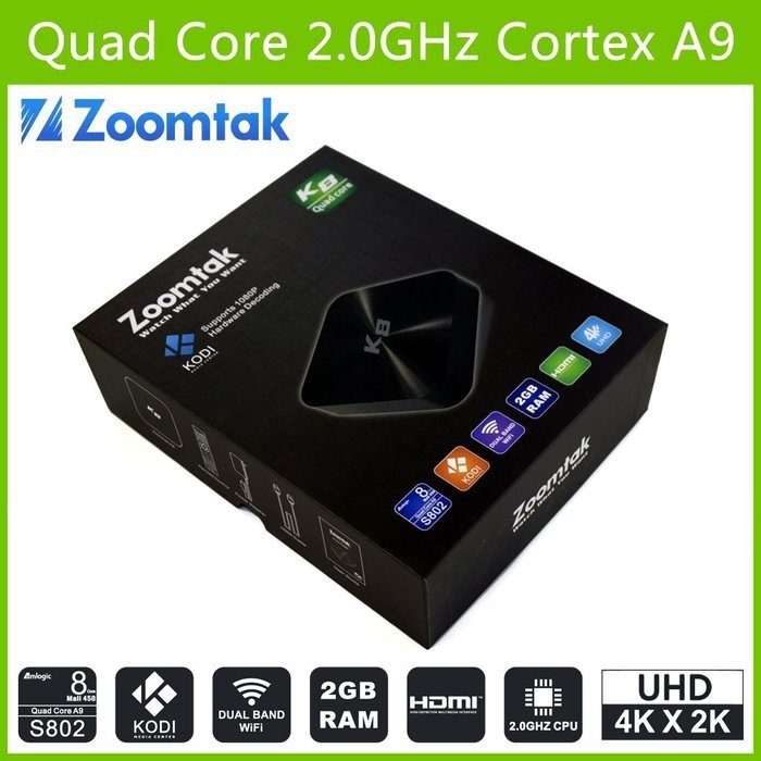 Zoomtak K8 Android TV Box media streamer QuadCore Kodi/XBMC 16.0 FULLY LOADED Dual Wifi, HDMI, netflix, rooted... N6