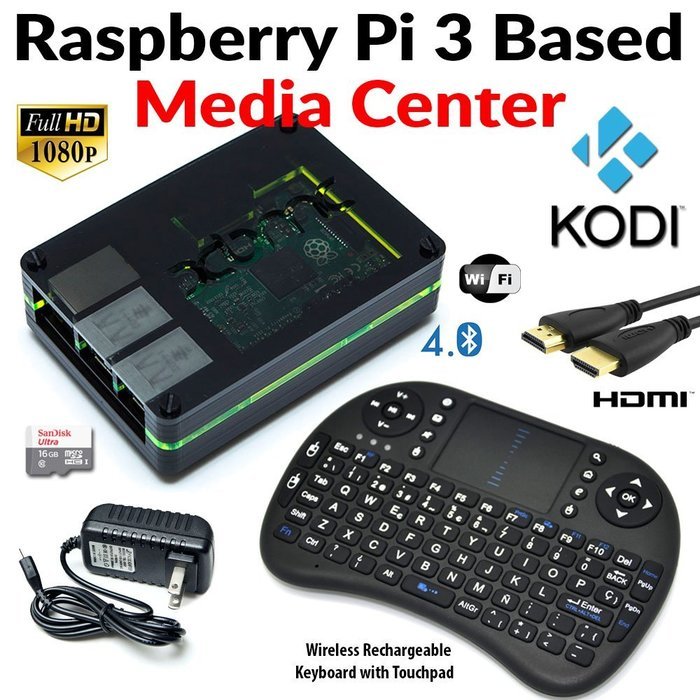 Raspberry Pi 3 Based - Extreme Xbmc Kodi Media Center - Black Case - Bundle with Wireless Keyboard/Touchpad
