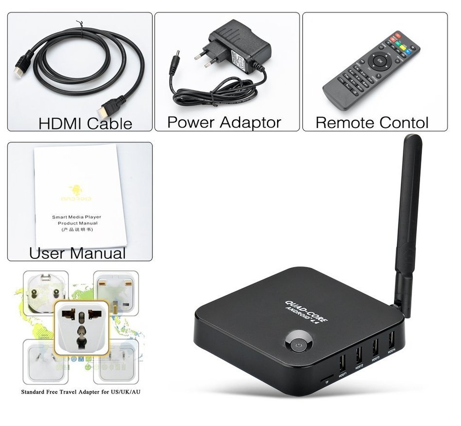 Android 4.4 Smart TV Box - Quad Core RK3128 CPU, 1GB RAM, 8GB Internal Memory, HDMI Port, 4x USB Ports