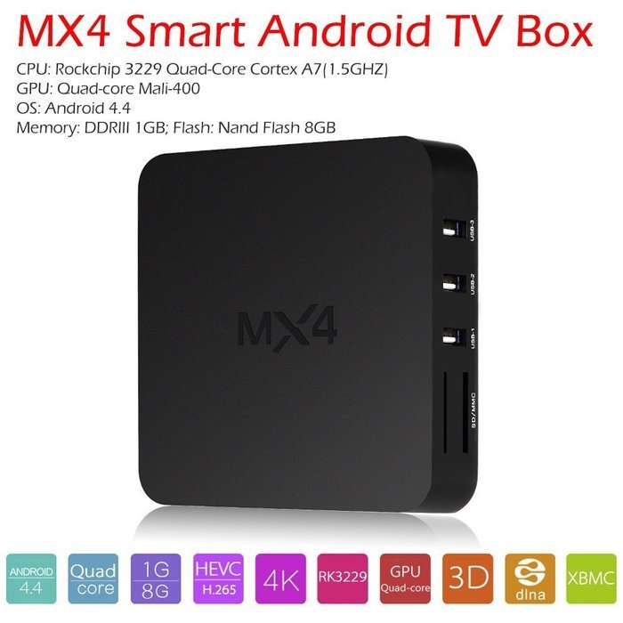 MX4 Smart Android TV Box RK3229 Quad-core 1G / 8G XBMC DLNA UHD 4K 3D H.265 WiFi HD Media Player with Remote Control N12