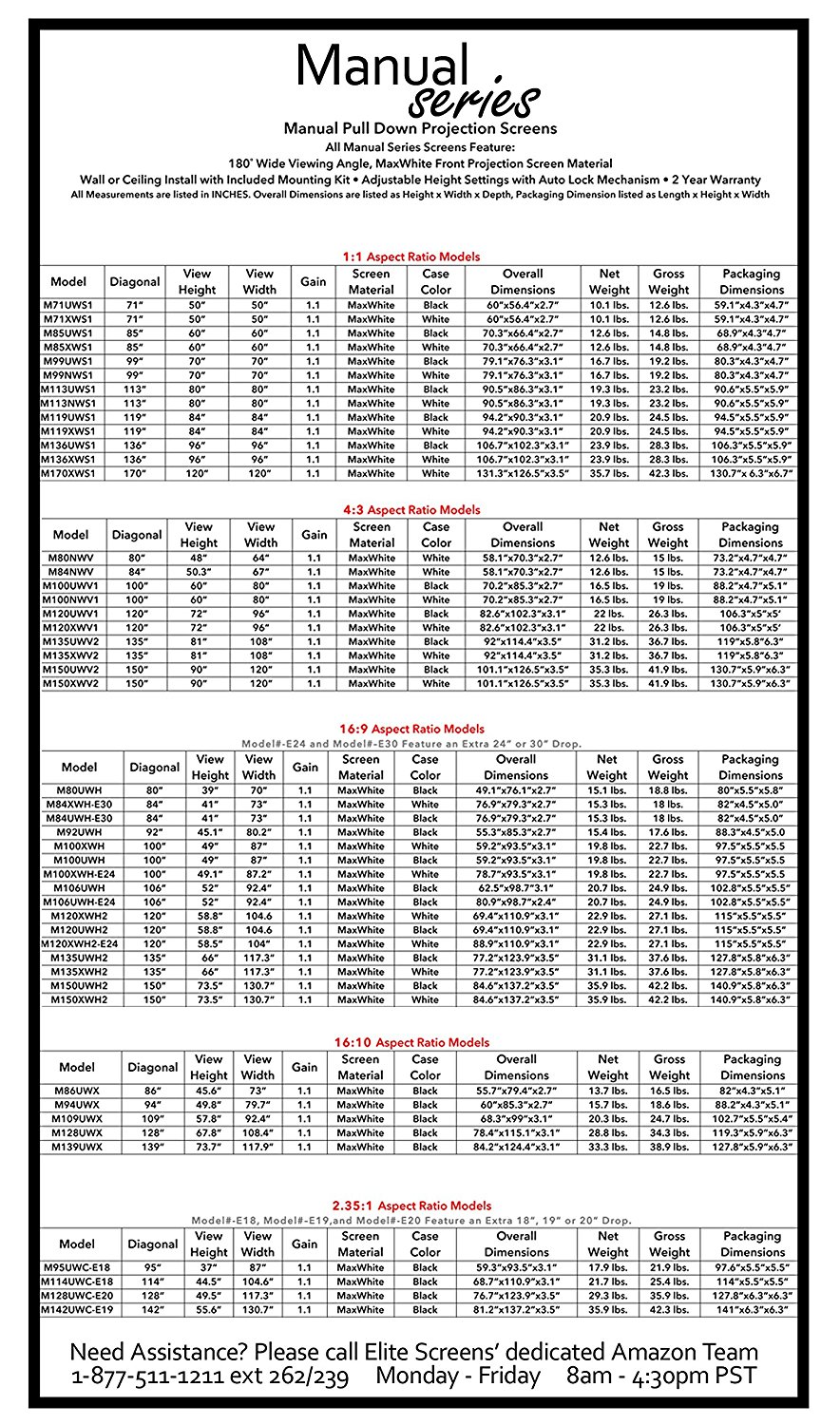 Elite Screens Manual, 150-inch 16:9, Pull Down Projection Manual 