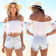 AIMTOPPY Fashion Sexy Fashion Women Lace White Blouse Off Shoulder Crop Shirt Tops (S, White) N3