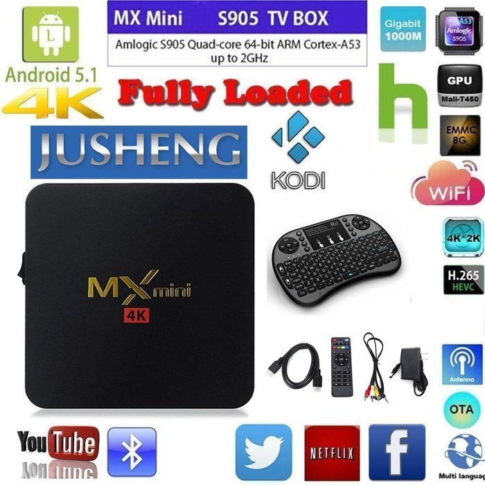 JUSHENG [Free I8 Wireless Mini keyboard] MX Mini Tv box Amlogic S905 1G/8G/4K Android 5.1 KODI 16.0 Full Loaded...