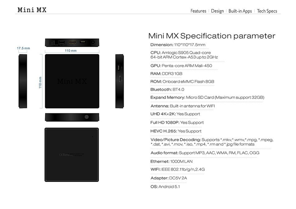 Mini MX TV Box Amlogic S905 Quad-core 64-bit Android 5.1 1/8GB UHD 4K 60fps Smart TV Box N2