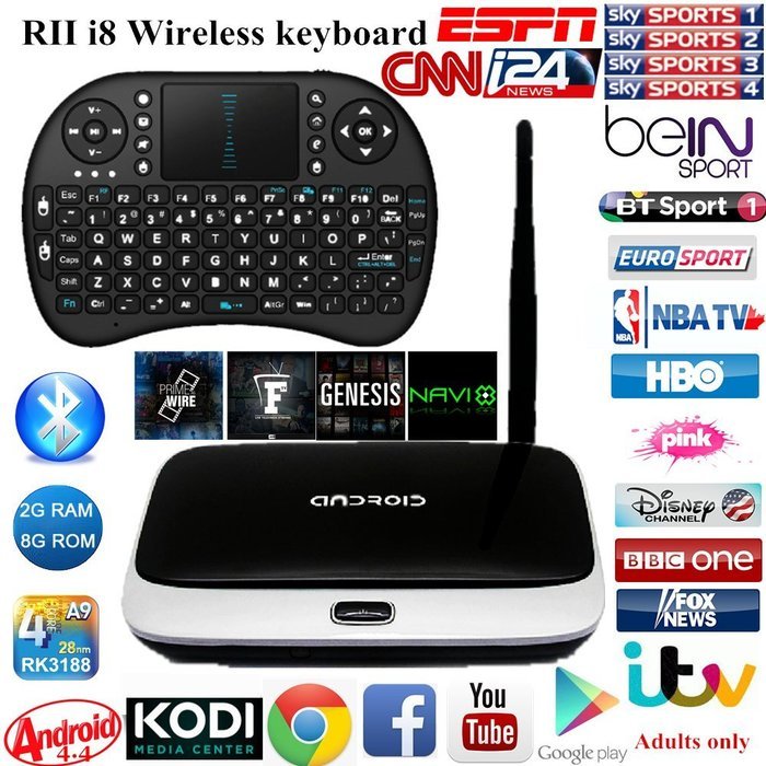 CS918 RK3188 Quad Core Android 4.4 TV Box Player HDMI 1.8GHz WiFi 1080P 2GB 8GB with Rii i8 Mini Keyboard