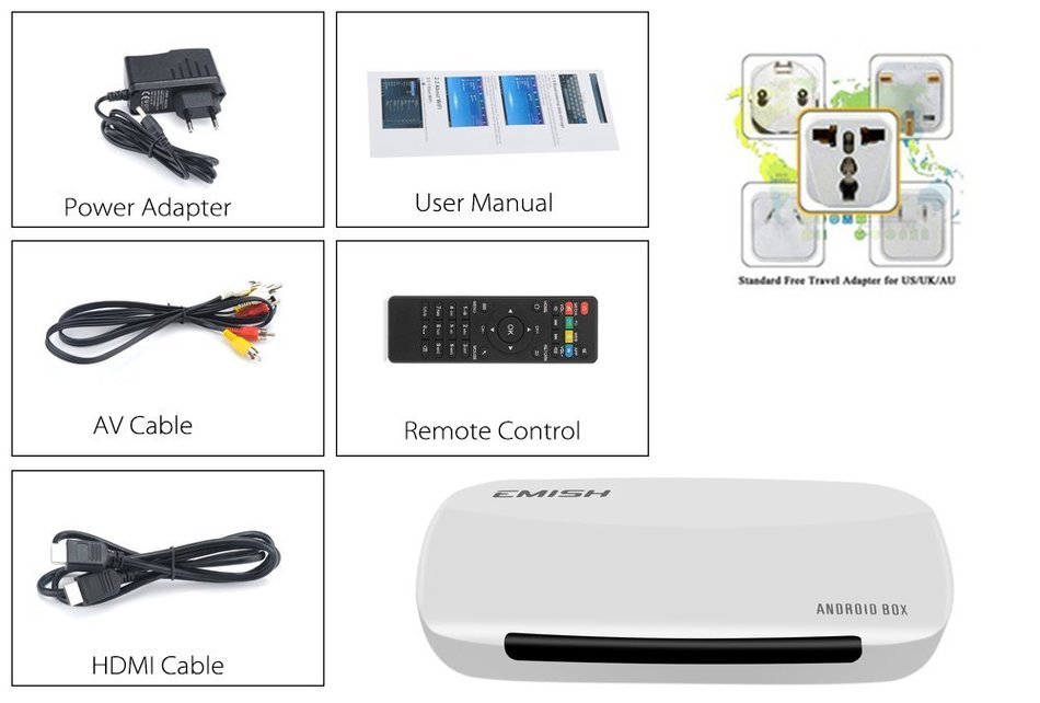 EMISH X700 Android TV Box - 1080P, Rock Chip 3128 Quad Core CPU, 3D Support, Kodi, Wi-Fi, DLNA, Android 4.4 N6