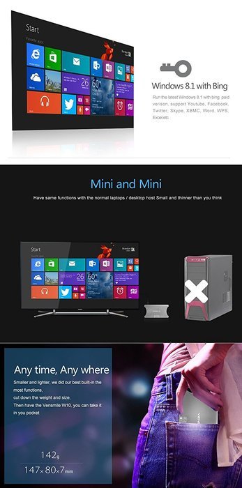 Voxlink Mini PC Powered by Vensmile W10Atom QuadCore 2GB+64GB Windows 8.1 OS Wintel Mini Smart Windows TV Box...