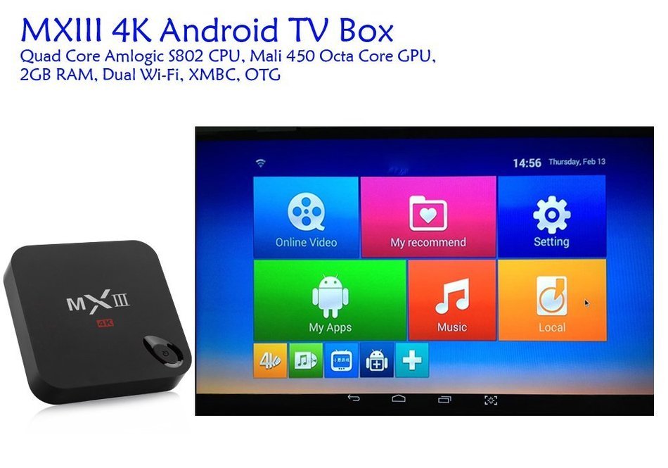 MX3 4K Android TV Box - Quad Core Amlogic S802 CPU, Mali 450 Octa Core GPU, 2GB RAM, Dual Wi-Fi, XMBC, OTG N5