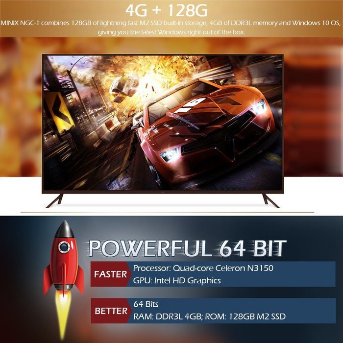Docooler MINIX NGC-1 Smart TV BOX Windows 10 Mini PC 4GB / 128GB Intel Braswell Fanless 64 Bits 4K Bluetooth 4.2... N2