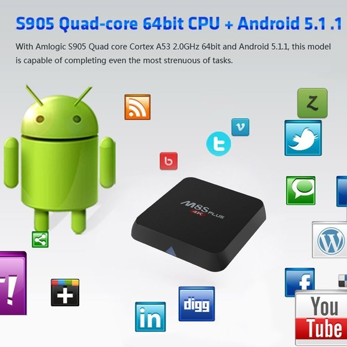 Docooler&reg; M8S PLUS 4K Smart Android 5.1.1 TV Box Amlogic S905 Quad-core 64 Bits KODI XBMC H.265 UHD 4K 2G / 8G... N2