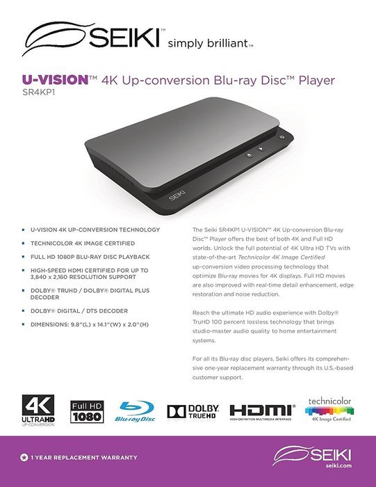 Seiki SR4KP1 Up-Converting Blu Ray Player N4