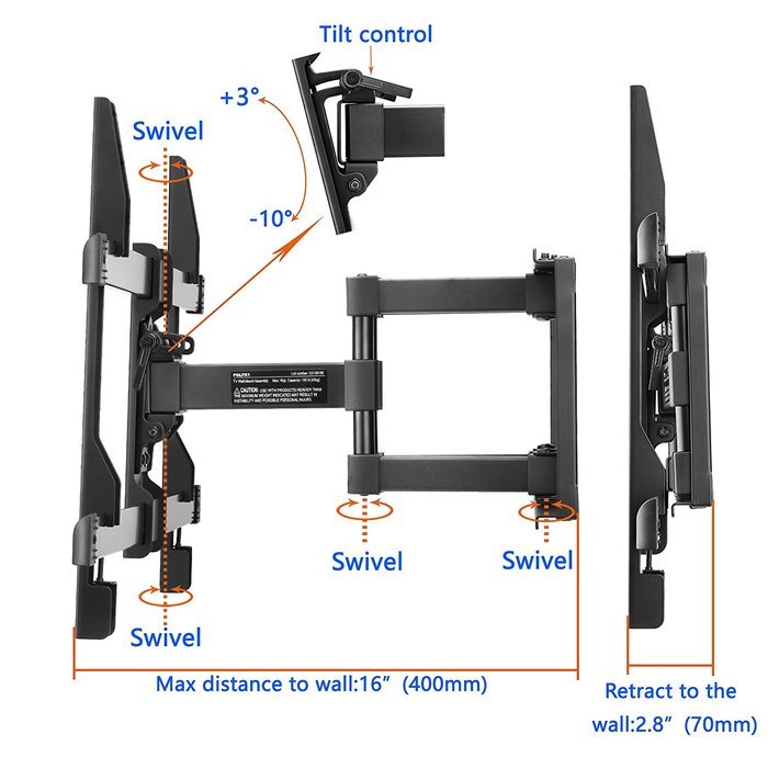 Perlegear Full Motion TV Wall Mount Bracket with Dual Articulating Arm for most 37-70 Inch LED, LCD, OLED, Plasma... N2