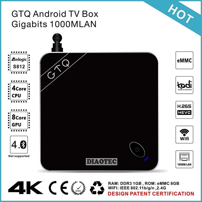 DIAOTEC(TM) GTQ (Black) Smart TV Box, Android 5.1/Amlogic S812 Quad Core CPU/ Octa core ARM Mali-450 GPU/ UHD... N7