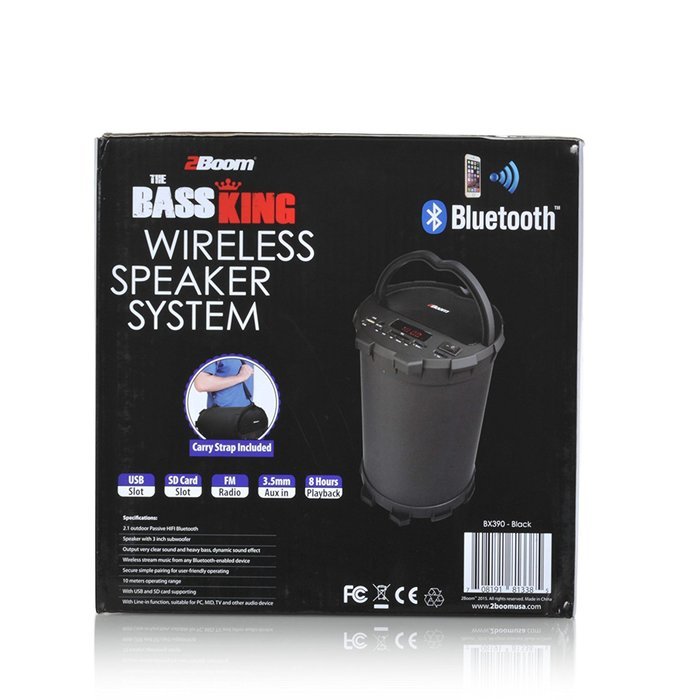 2BOOM Bass King Wireless Rugged Speaker Strap FM radio LED display Outdoor Portable Black N6