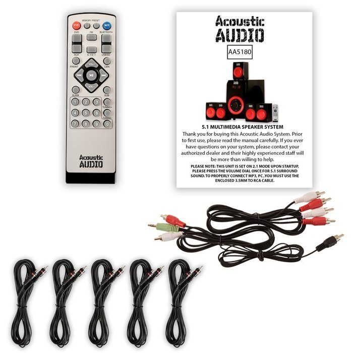 Acoustic Audio AA5180 Home Theater 5.1 Bluetooth Speaker System with FM and 5 Extension Cables N5