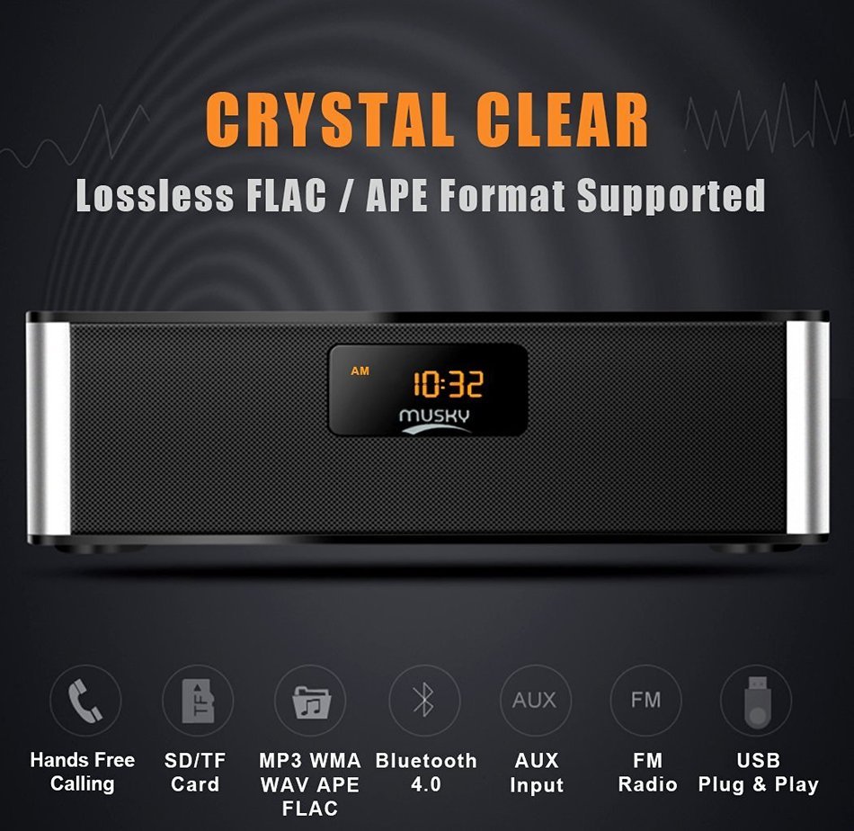 Portable FM Radio Wireless Bluetooth 4.0 Speaker 10W Alarm Clock MP3 Player APE FLAC Lossless Music Support, Hands... N4