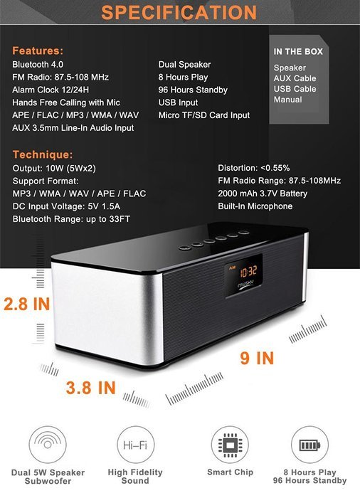 Portable FM Radio Wireless Bluetooth 4.0 Speaker 10W Alarm Clock MP3 Player APE FLAC Lossless Music Support, Hands... N7