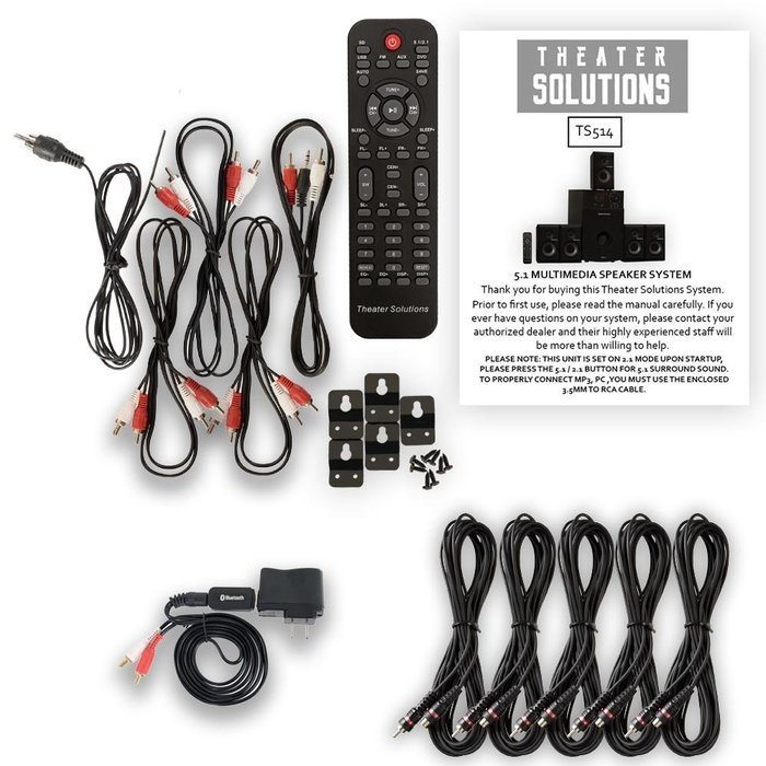 Theater Solutions TS514 Home Theater 5.1 Speaker System 600 Watts Tuner, Bluetooth and 5 Extension Cables TS514B-5 N2