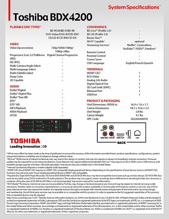 Toshiba BDX4200 Wifi-Ready 3D Blu-ray Disc Player N3