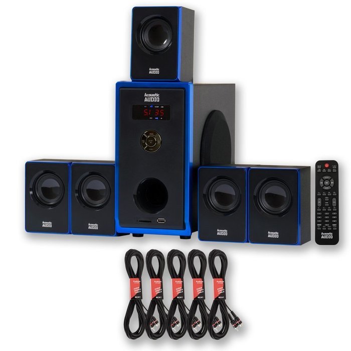Acoustic Audio AA5102 800W 5.1 Channel Home Theater Speaker System with 5 Extension Cables AA5102-5