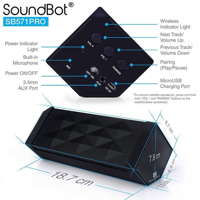 SoundBot SB571PRO Bluetooth QUADIO Satellite Portable Wireless Speaker w/ Multi-Unit Multi-Point Connectivity... N5