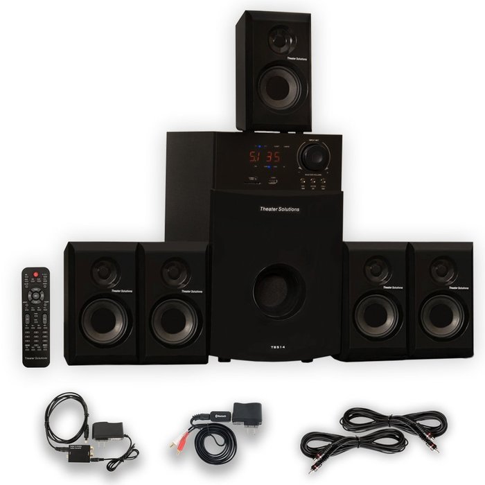 Theater Solutions TS514 Home Theater 5.1 Speaker System Bluetooth Optical Input 2 Extension Cables TS514BD-2