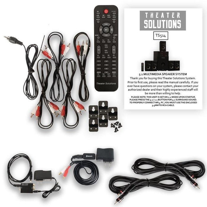 Theater Solutions TS514 Home Theater 5.1 Speaker System Bluetooth Optical Input 2 Extension Cables TS514BD-2 N2