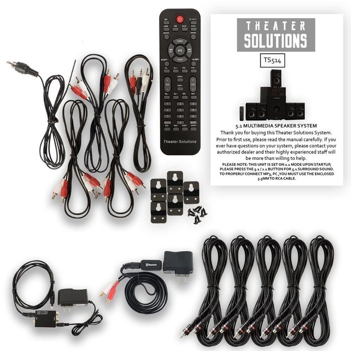 Theater Solutions TS514 Home Theater 5.1 Speaker System Bluetooth Optical Input 5 Extension Cables TS514BD-5 N2