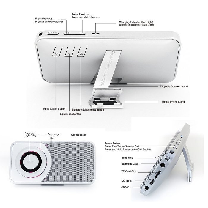 [UPGRADED] SHABA Ultra Slim Pocket Portable Bluetooth Speaker with LED Light, Phone Stand, TF Card, FM Radio,... N10