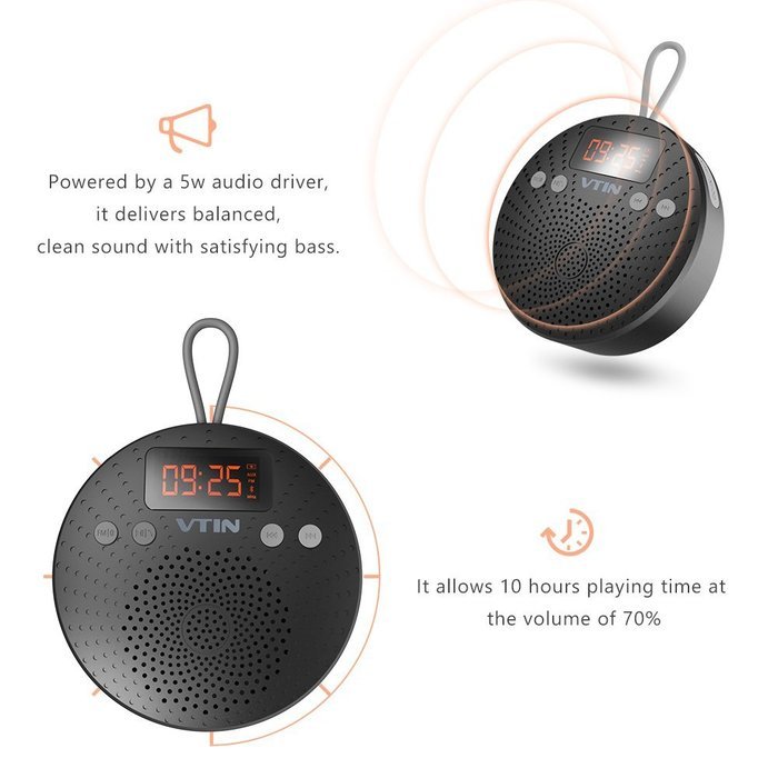 Vtin Shower Speaker with FM Radio, Portable Waterproof Bluetooth Speakers 10 Hours Play Time, 5W Driver with LCD... N7