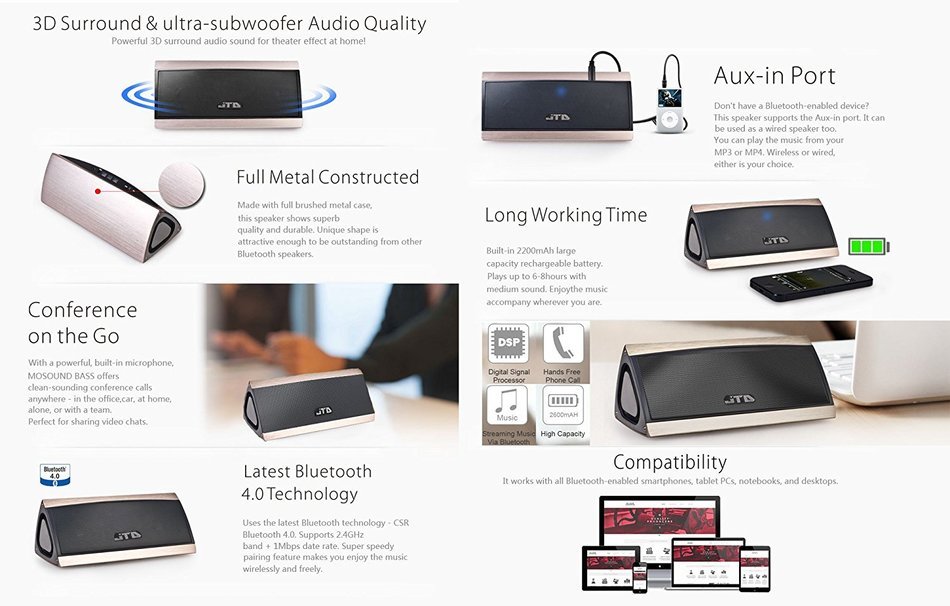JTD &reg; Armor Portable Wireless Bluetooth Speakers with Additional 1000 mAh Emergency Power Bank Function and Splashproof... N17
