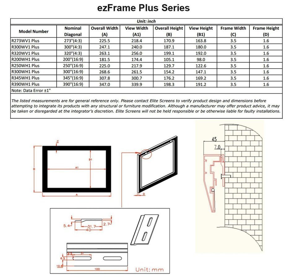 Elite Screens ezFrame Series, 100-inch Diagonal 4:3, Fixed Frame Home Theater Projection Screen, Model: R100WV1 N28