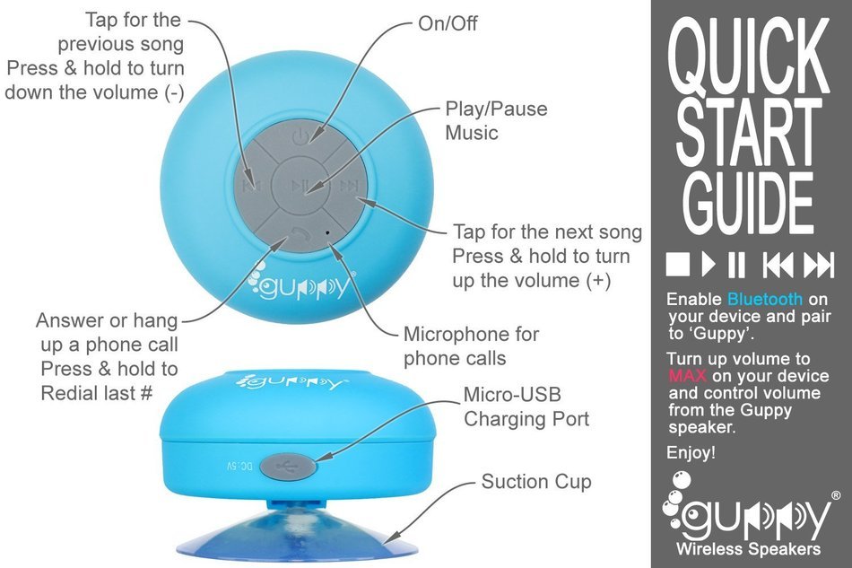 Guppy&reg; Water Resistant Bluetooth Shower Speaker - Wireless Portable Audio, New 2015 Model - Kid-friendly, Built-in... N16