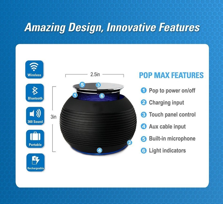 Wireless Bluetooth Speaker- BLKBOX POP360 Hands Free Bluetooth Speaker - for iPhones, iPads, Androids, Samsung... N11