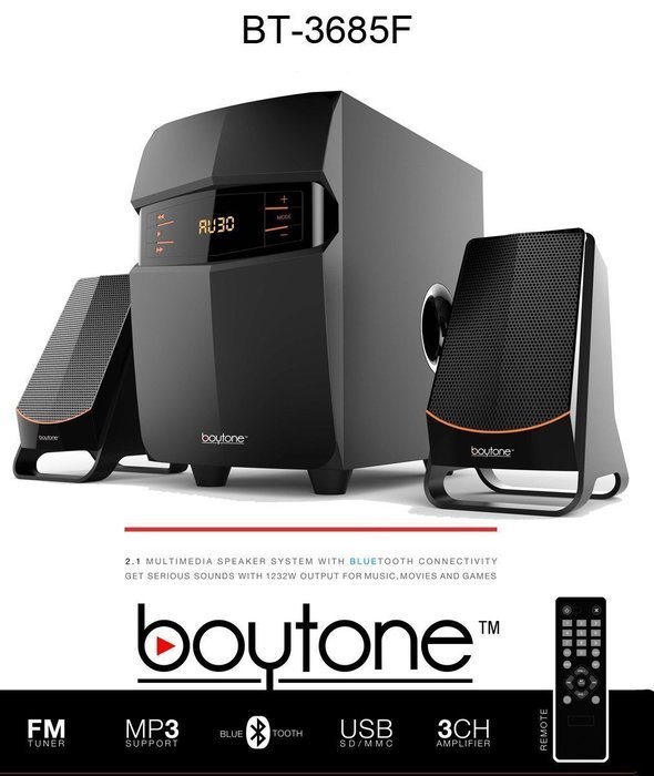 Boytone BT-3685F, Wireless Bluetooth 2.1 Multimedia Powerful Bass System with FM Radio, Remote Control, Aux Port... N6